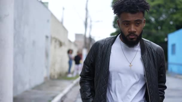 One Pensive Young Black Man Walking Urban Street Rubbing Eyes — Video Stock