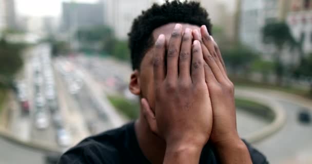 Anxious Young Black African Man Suffering City — Video
