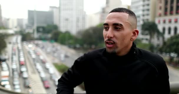 Casual Hispanic Brazilian Young Man Downtown City Real People — Video Stock