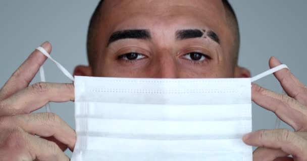 Hispanic Man Putting Face Mask Prevention Pandemic — ストック動画