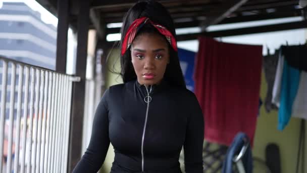 Portrait Serious Black Teen Girl Standing Home Looking Camera — Video