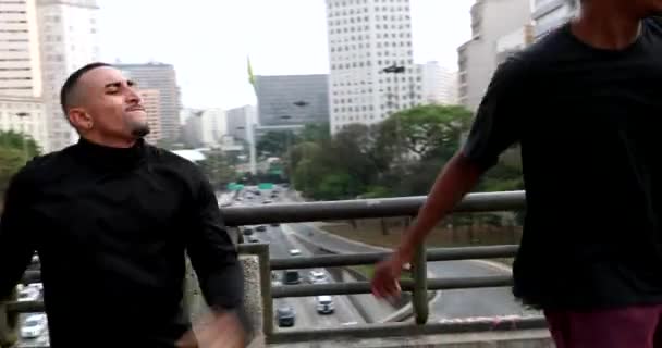 Happy Hispanic Guy Black African Man Dancing City Beat Song — Stok video