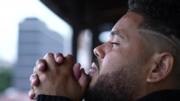 Young Man Opening Eyes Sky Having Hope Faith While Praying — Stock Video
