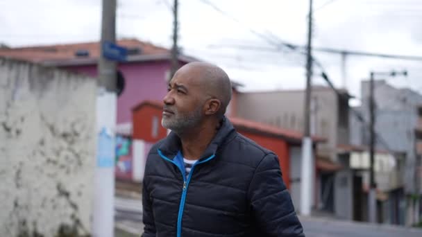 Pensive Black Man Walking Street Thoughtful African Brazilian Person Walks — Stockvideo