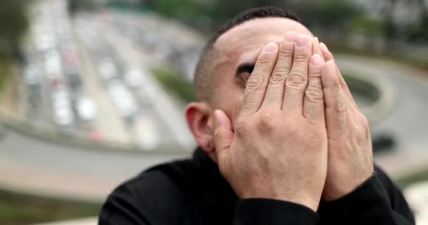 Troubled Hispanic Man Portrait Looking Sky Feeling Anxiety — Video