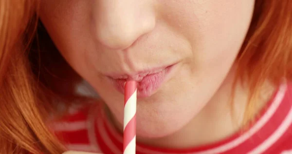 Closeup Young Woman Mouth Drinking Juice Straw — Stock Photo, Image