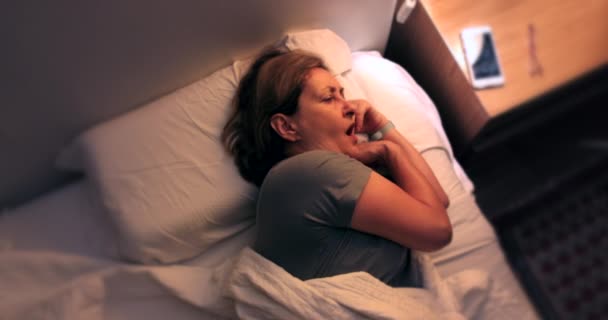 Tired Woman Waking Middle Night Unable Sleep Turns Nightstand Bed — Wideo stockowe