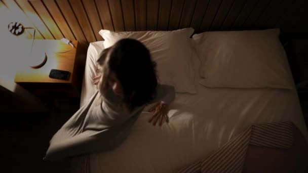 Woman Lying Bed Turning Lights Person Lies Night Turns Night — Video
