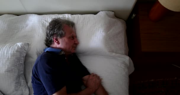 Senior Man Waking Sleep Stretching Getting Out Bed — Video