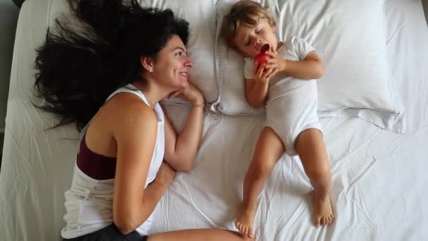 Mother Baby Child Bed Playing Mom Tickling Infant Toddler Boy — Αρχείο Βίντεο