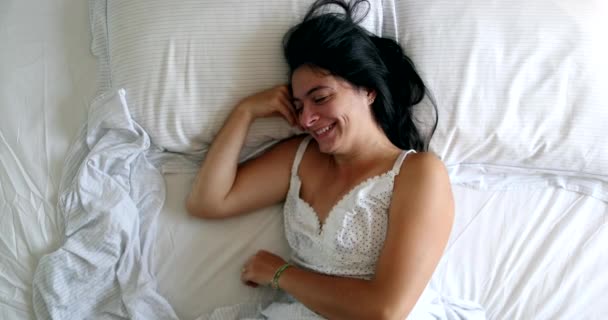 Happy Woman 30S Lying Bed Morning Smiling Top View — Stockvideo