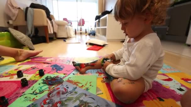 Messy Baby Toddler Painting Hands Home — Stok video