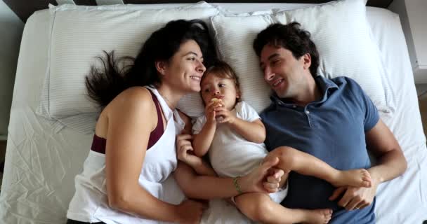 Joyful Parents Baby Infant Bed Interaction Happy Loving Millennial Family — Vídeos de Stock