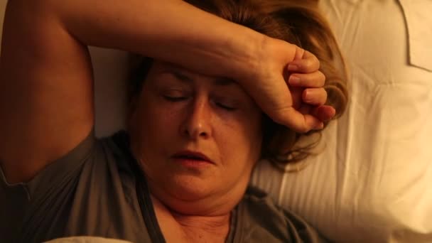 Older Woman Lying Bed Unable Sleep — Stock videók