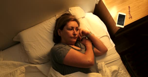 Worried Older Woman Lying Bed Unable Sleep Anxious Woman Emotion — Video
