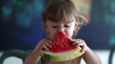 Cute toddler eating red watermelon