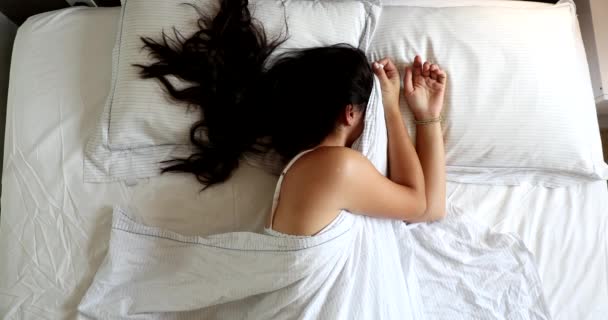 Woman Waking Morning Husband Opening Blinds Shining Light Window Lying — Wideo stockowe