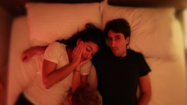 Happy Couple Baby Bed Night — Vídeo de Stock
