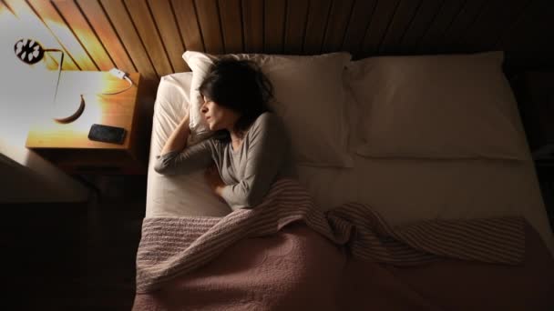 Woman Suffering Insomnia Turning Light Middle Night Lying Bed — Video