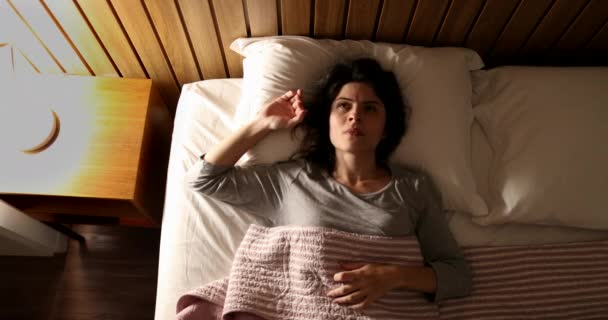 Anxious Single Woman Bed Suffering Sleep — стоковое видео