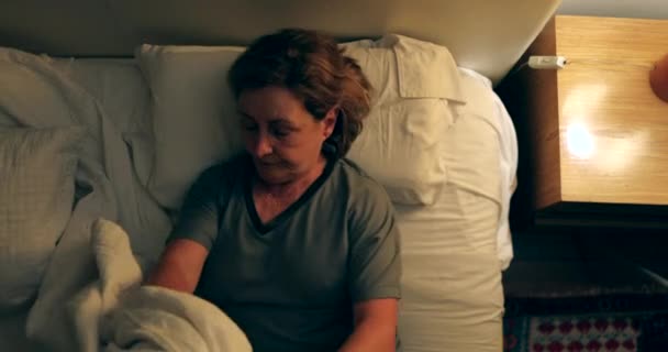 Woman Lying Bed Preparing Sleep Senior Switching Nightstand Light Person — Wideo stockowe