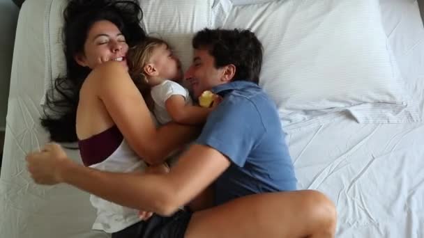 Happy Family Together Bed Parents Lying Bed Child Baby Son — Stockvideo