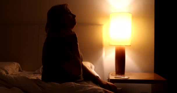 Troubled Senior Unable Sleep Anxious Older Woman Awake Middle Night — Video