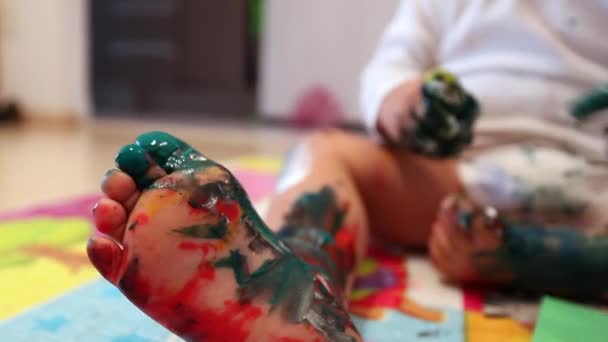 Artistic Messy Baby Toddler Colored Foot — Video Stock
