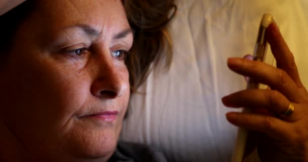 Older Woman Close Face Looking Cellphone Screen Night Blue Light — Stock videók