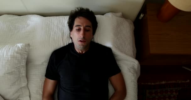 Young Man Lying Bed Falling Asleep Afternoon Nap — Stock Video