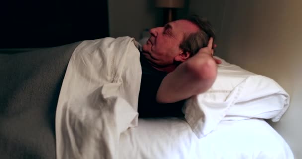 Person Waking Night Turning Bedside Light Man Stretching Getting Bed — Stockvideo
