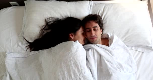 Couple Lying Bed Morning Blanket — Stockvideo