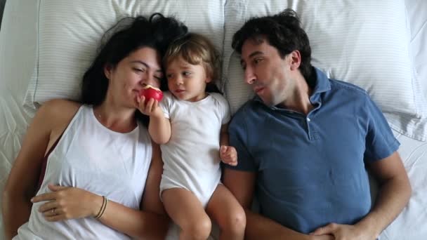 Toddler Sharing Apple Parents Bed Child Shares Food Father Mother — Vídeos de Stock