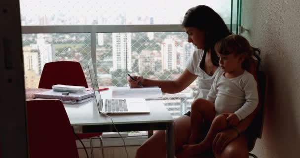 Mother Multi Tasking Home Infant Toddler Boy Watching Cartoon Laptop — ストック動画