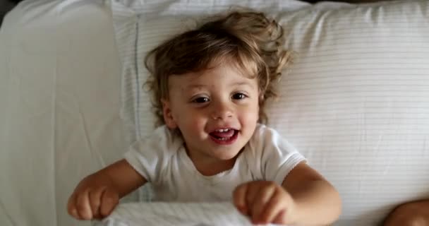 Cute Baby Lying Bed Covering Face Hands Adorable Infant Toddler — Vídeo de Stock