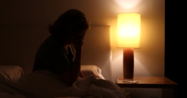 Anxious Woman Sitting Bed Side Unable Sleep Sleepless Person Worry — стоковое видео