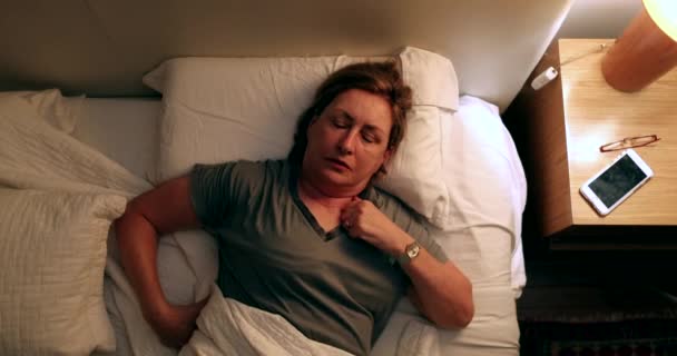 Worried Older Woman Unable Sleep Senior Person Turns Nightstand Light — Stok video