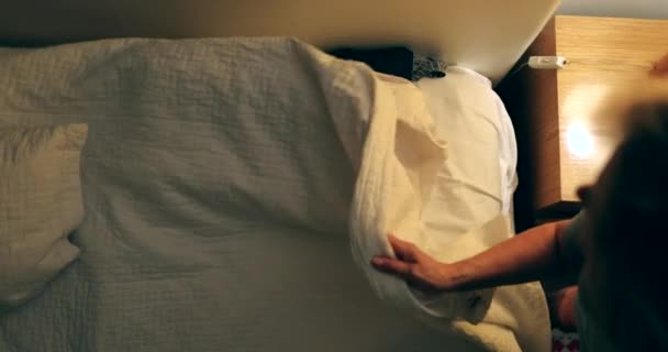 Older Woman Lying Bed Night Sleep Trying Relax Blanket — Video