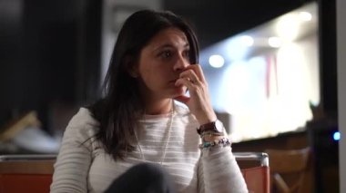 Concerned woman talking sharing throughs and problems. Worried person talk close-up face