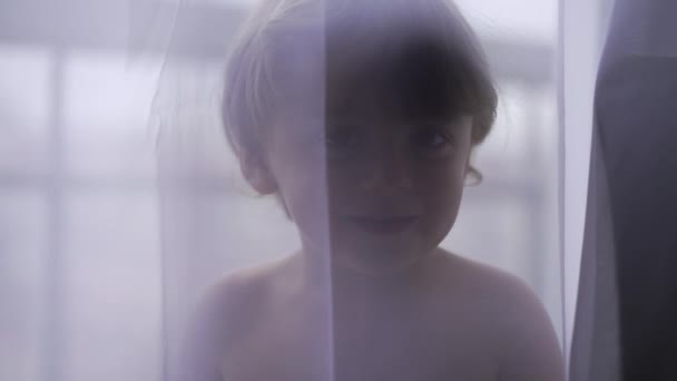 Baby Toddler Boy Hiding Curtains — Vídeo de Stock