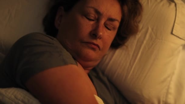 Tired Sleepless Older Woman Lying Bed Unable Sleep — Stock videók