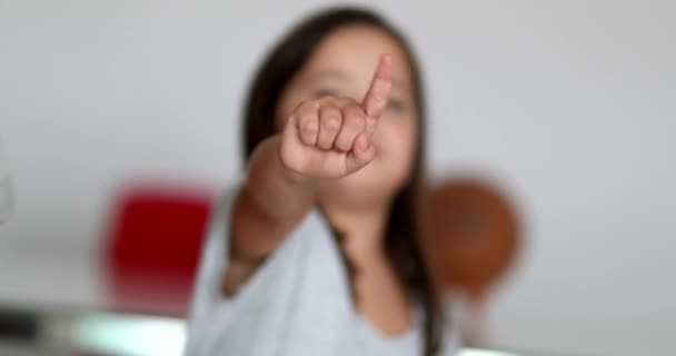 Little Girl Saying Gesturing Finger Refusing Offer — Stockvideo