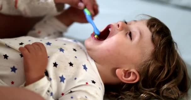Mother Trying Brush Baby Toddler Teeth Sleep Infant Refusing Toothbrush — Video