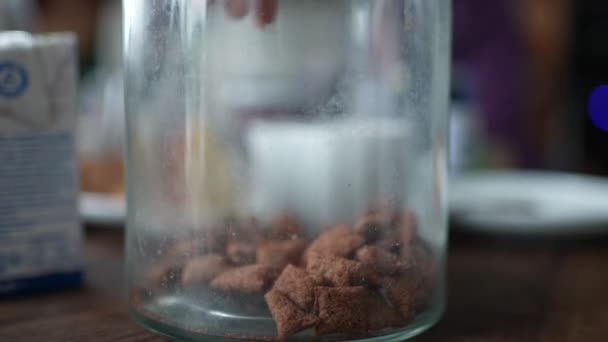 Toddler Hand Grabbing Cereal Snack Jar Glass — Stockvideo