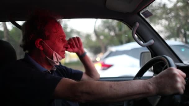 Stressed Older Man Stucked Traffic Red Light While Holding Steering — Stockvideo