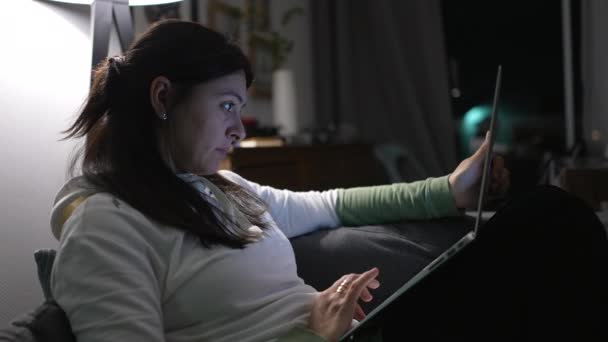 Mother Front Laptop Night Sitting Sofa Infant — Vídeo de stock