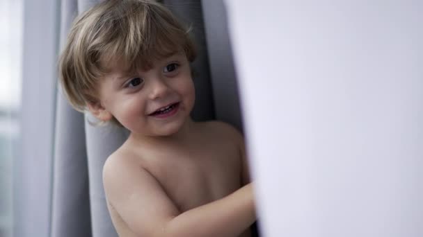 Baby Toddler Boy Hiding Curtains — Vídeos de Stock