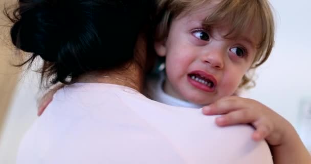 Tearful Baby Boy Mother Wearing Surgical Mask Holding Upset Crying — Stockvideo