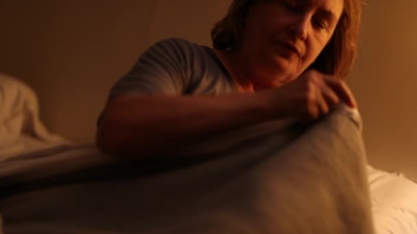 Older Woman Preparing Sleep Elder Single Lady Turn Bedside Lamp — Stock videók
