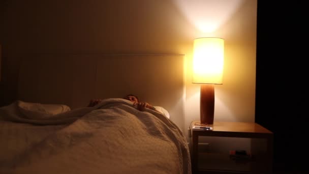 Woman Turning Bedside Lamp Picks Cellphone Middle Night Person Staring — Αρχείο Βίντεο